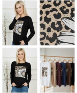 R-3019 REMERA MANGA LARGA SOFT CON ESTAMPA GIRASOL Y DETALLE ANIMAL PRINT TACHAS