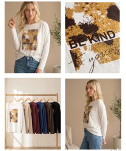 R-3024 REMERA MODAL SOFT MANGA LARGA CON ESTAMPA BRILLANTE BE KIND