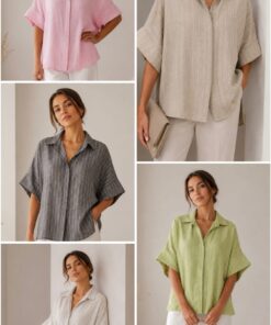 CAM-787 CAMISA MANGA CORTA HOMBRO CAIDO DE LINO RAYADO BOTON ESCONDIDO