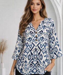 R-3031 BLUSA ESTAMPADA DE LINO CON SEDA CON BOTONES ADELANTE