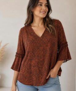 R-3035 BLUSA DE SEDA DE LINO CON MANGA 3/4 CON MANGA VOLADO