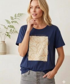 R-3065 REMERA MODAL VISCOSA CON ESTAMPA FLORES Y DETALLE DORADO