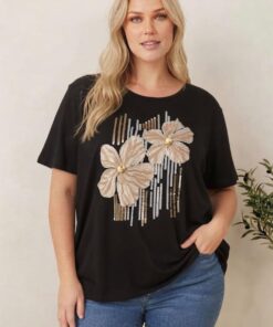 R-3086 REMERA MODAL VISCOSA FLOR CON DETALLES DE LENTEJUELAS OPACAS