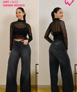 ART-3473 JEAN DIWAY NEGRO LOCALIZADO WIDE LEG CON BORDADO EN BOLSILLO
