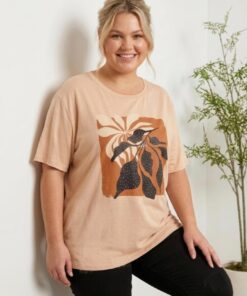 R-3106 REMERA MODAL ESTAMPADA COMBINADA HOJAS CON DETALLE DE TACHAS